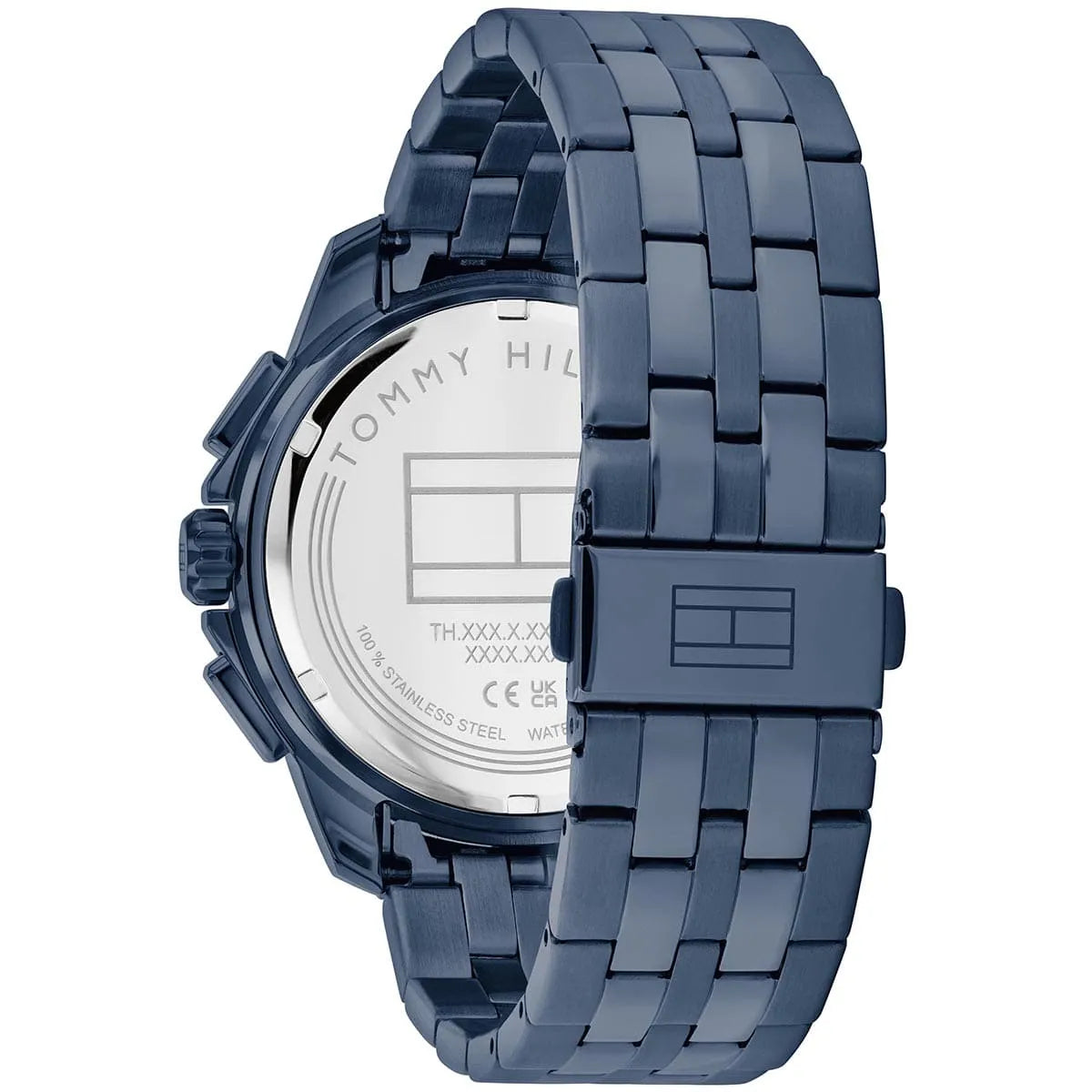 Caseback of Tommy Hilfiger Damon showing stainless steel bracelet and engraved case details