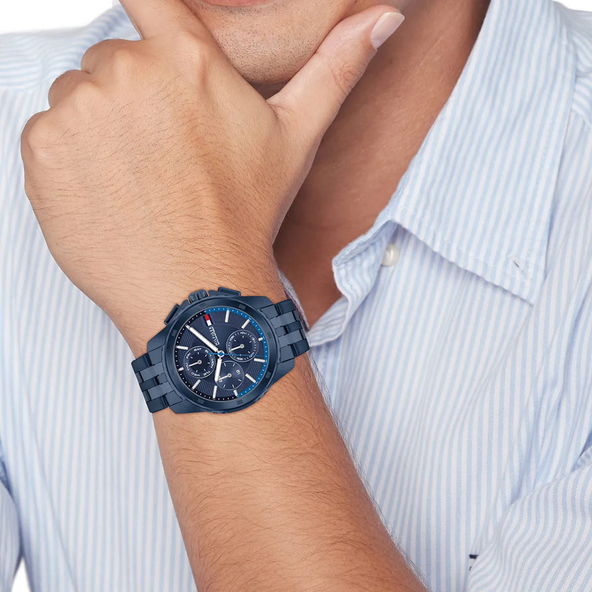Tommy Hilfiger Damon watch on wrist showing navy dial with chronograph subdials
