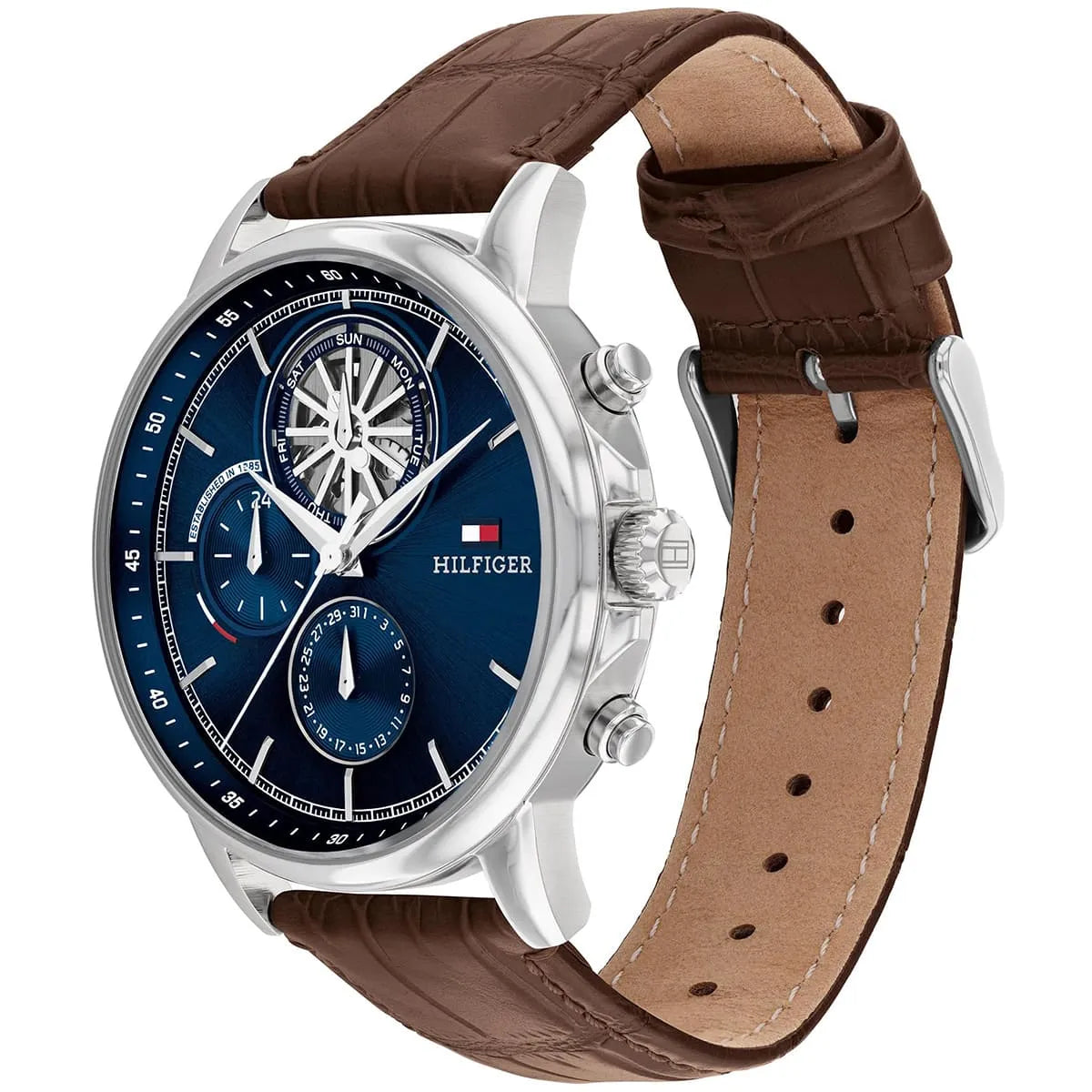 TOMMY HILFIGER STEWART, Multifunction Leather Brown Blue Men's Watch - 1710629