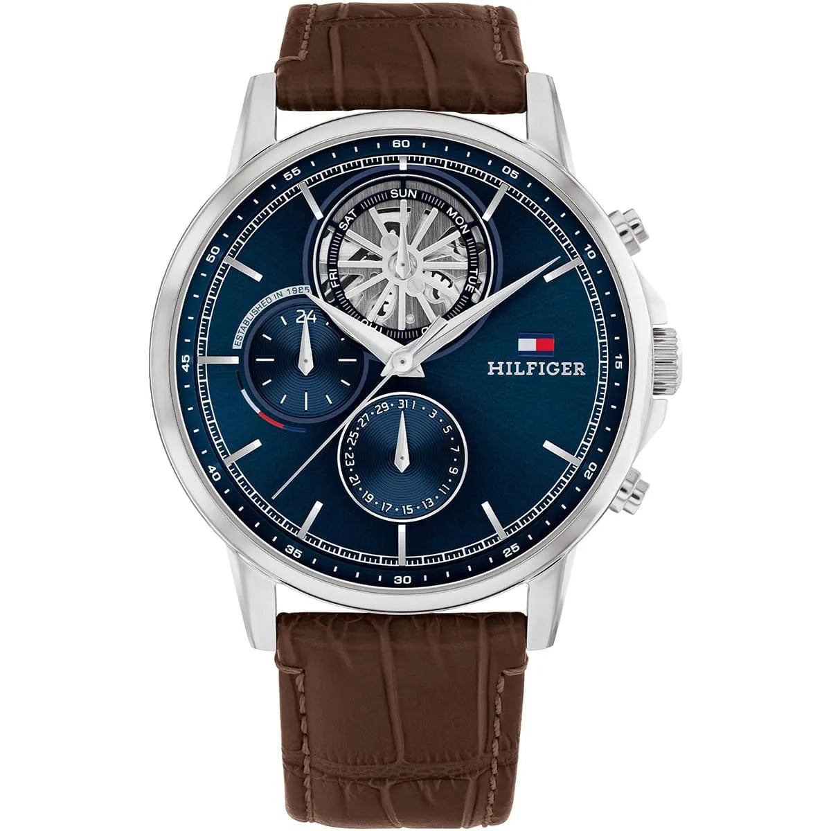 TOMMY HILFIGER STEWART, Multifunction Leather Brown Blue Men's Watch - 1710629
