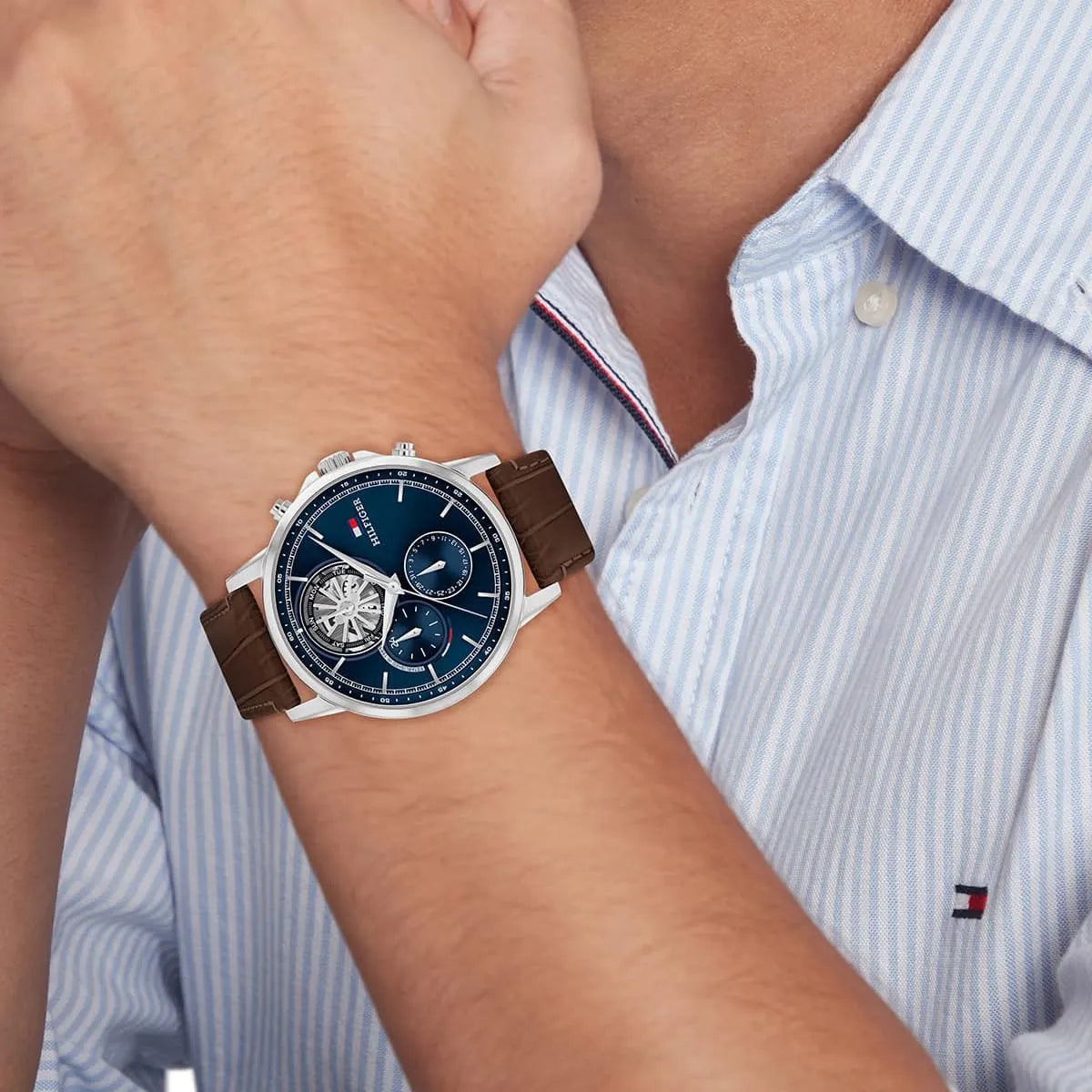 TOMMY HILFIGER STEWART, Multifunction Leather Brown Blue Men's Watch - 1710629