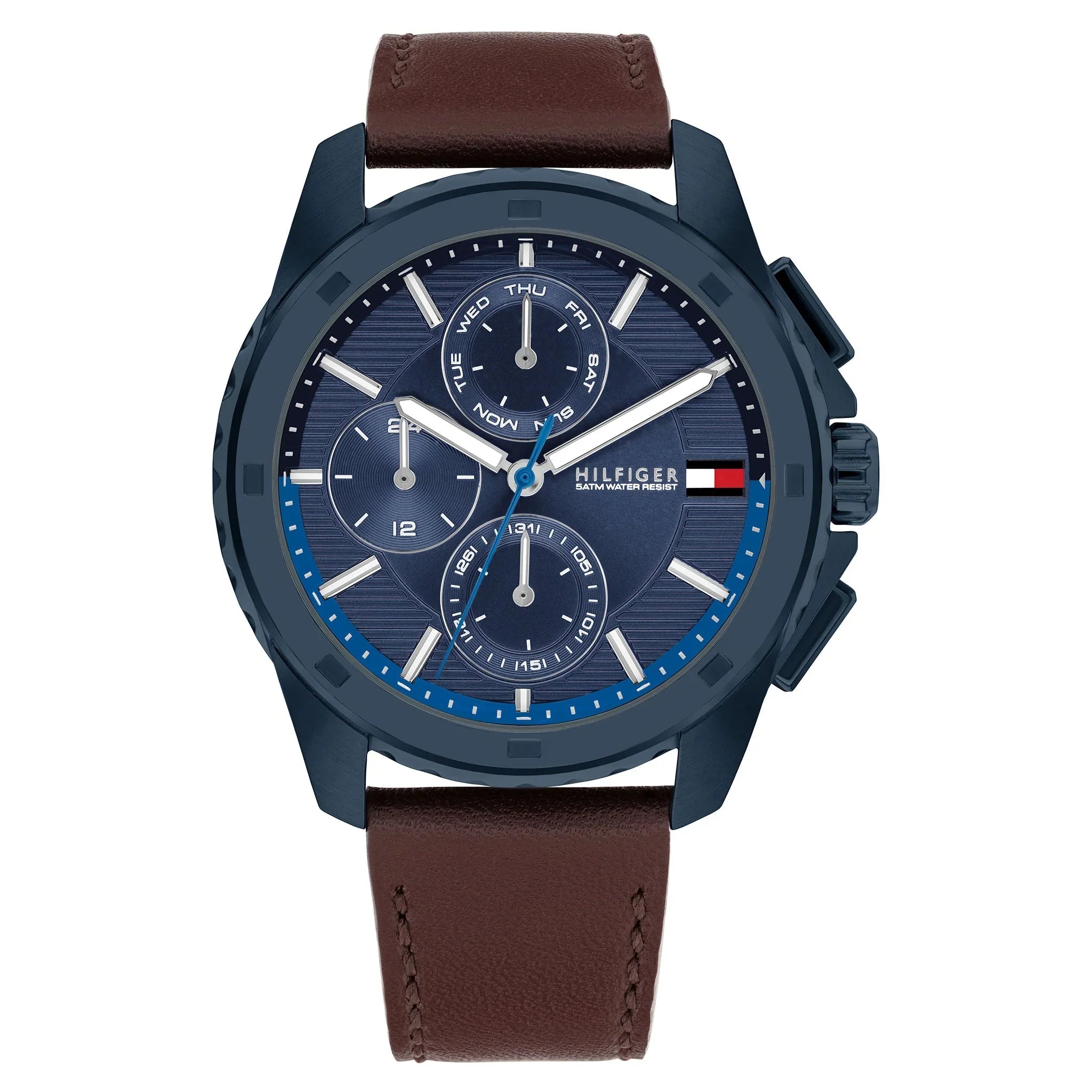Tommy Hilfiger chronograph watch with navy dial, blue subdials, dark blue case, and brown leather strap