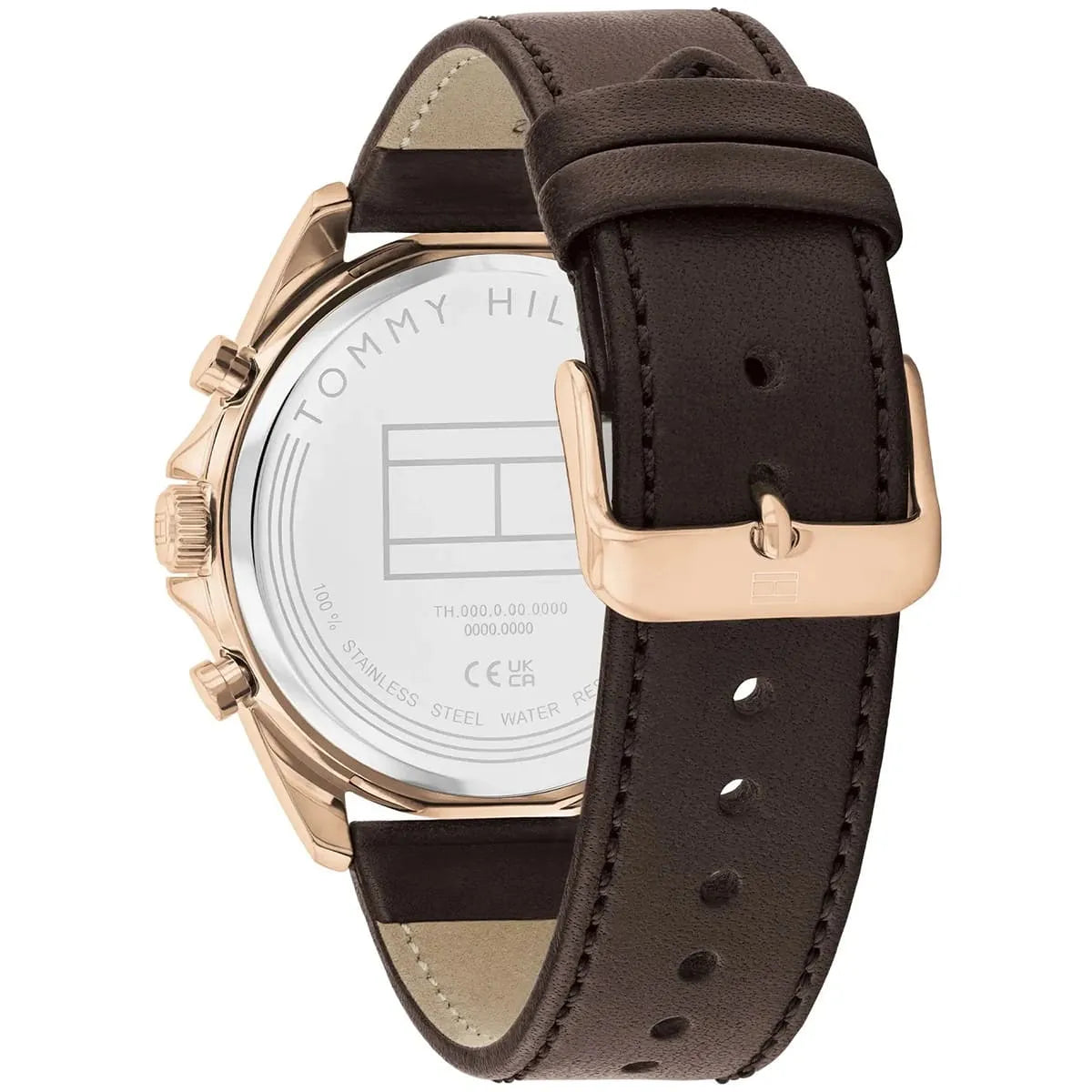 Case back of Tommy Hilfiger Baker watch with engraved branding and specifications