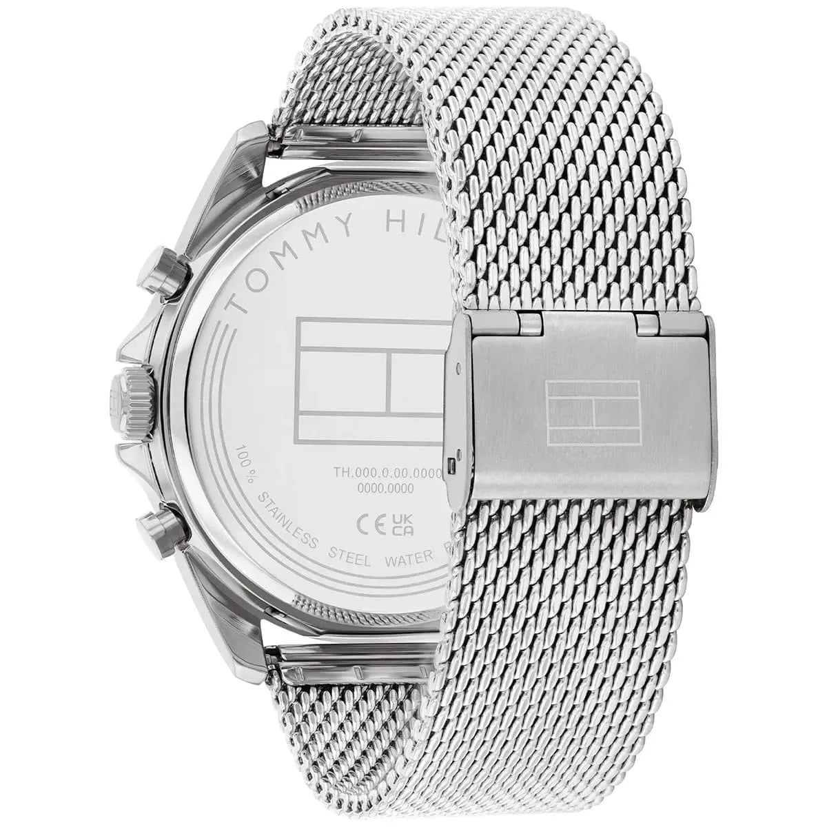 Tommy Hilfiger Baker watch caseback showing stainless steel construction and specifications