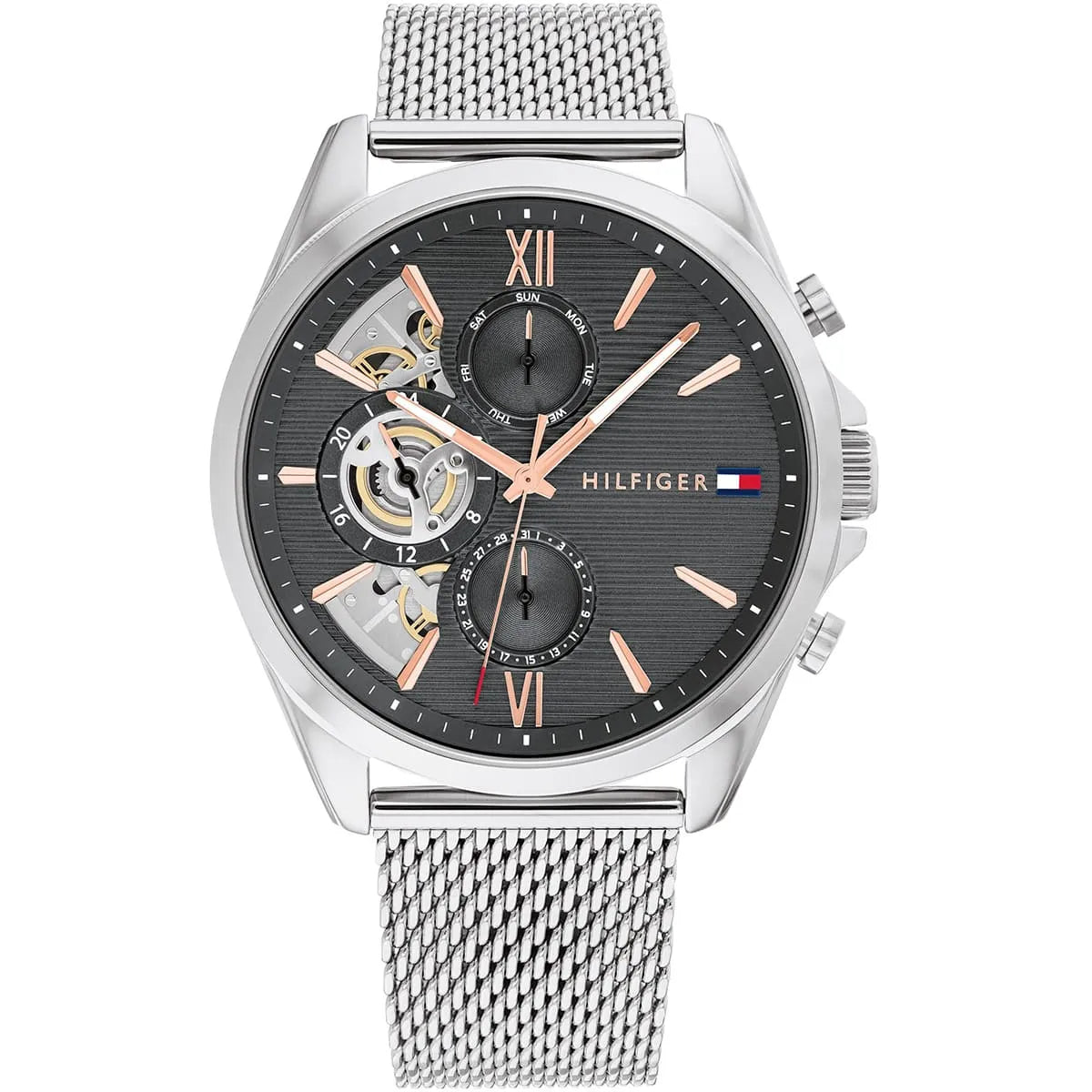 Tommy Hilfiger Baker men's watch with gray dial, rose gold accents, and silver mesh strap
