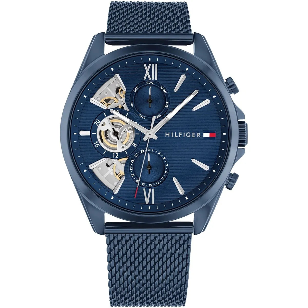 Tommy Hilfiger blue dial multifunction watch with chronograph subdials and stainless steel mesh strap
