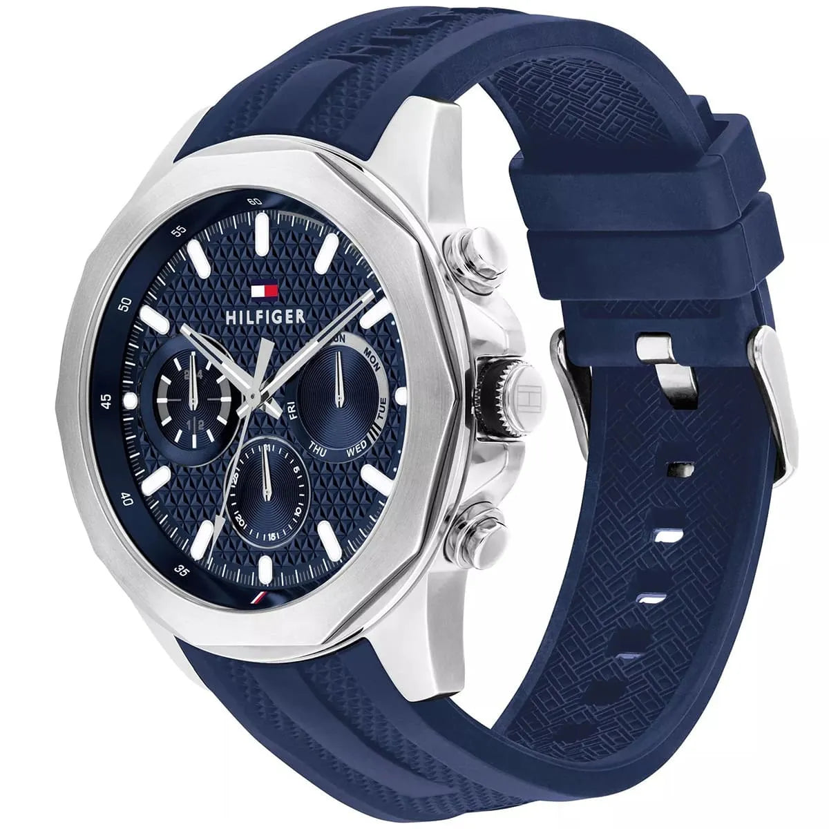 Tommy Hilfiger Lars watch at angle showing blue chronograph dial and rubber strap