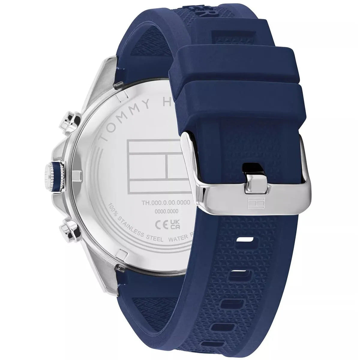 Case back of Tommy Hilfiger Lars watch showing stainless steel construction