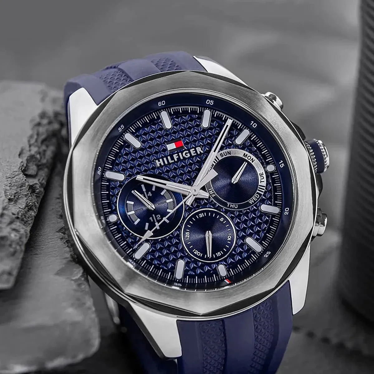Close-up of Tommy Hilfiger Lars blue dial with chronograph subdials and white markers