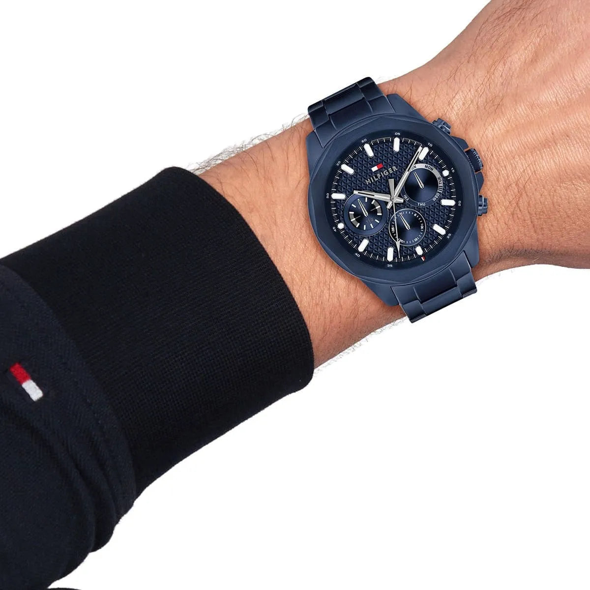 Tommy Hilfiger Lars blue chronograph watch worn on wrist with navy dial visible