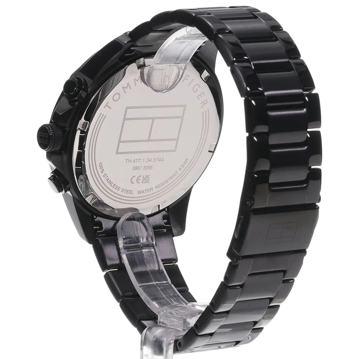 Tommy Hilfiger Lars caseback detail view showing engraved branding on stainless steel