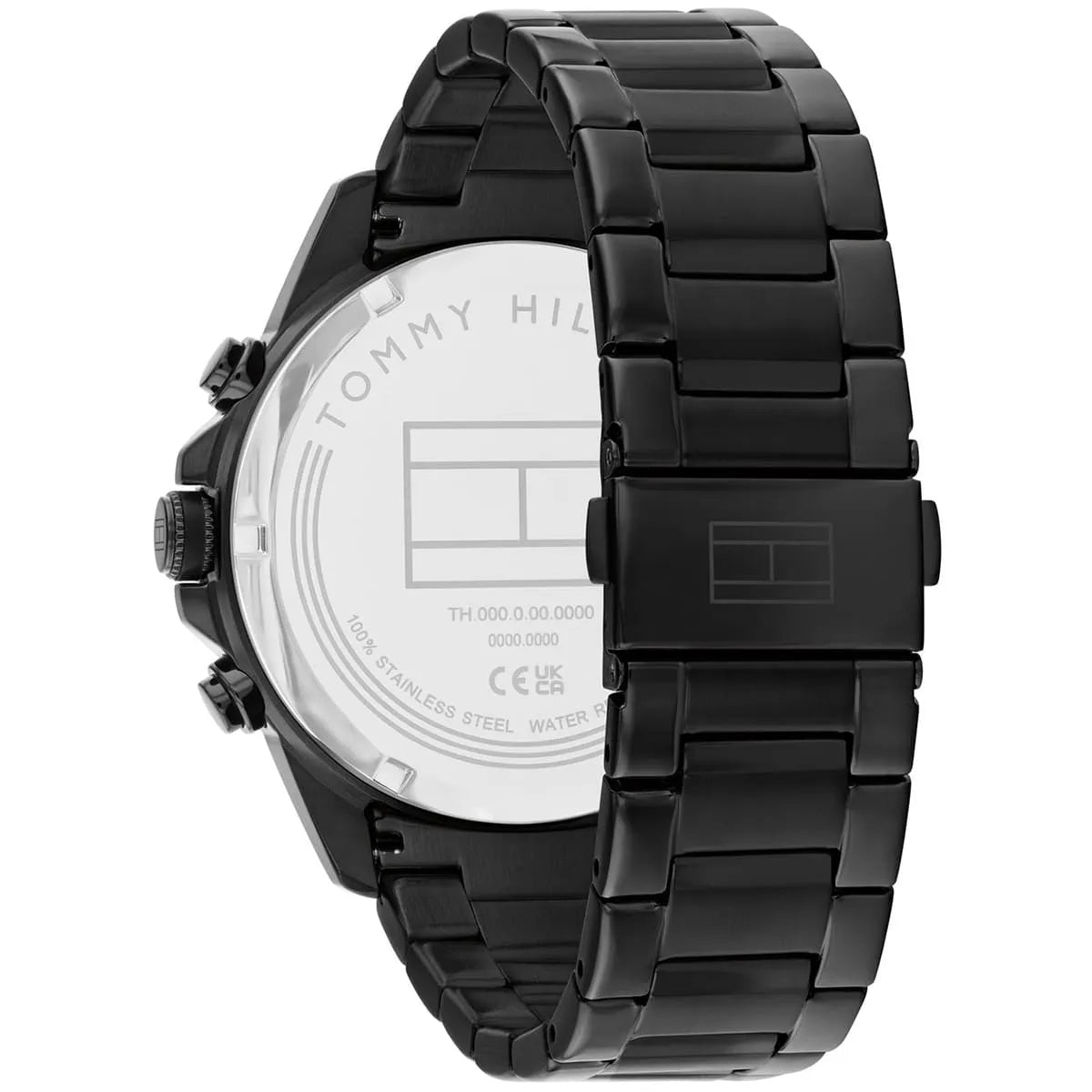 Tommy Hilfiger Lars watch caseback showing stainless steel with engraved branding