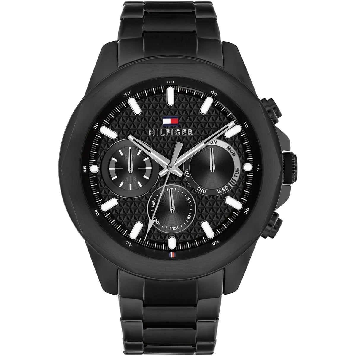Tommy Hilfiger Lars men's watch with black textured dial, stainless steel case and bracelet, three subdials
