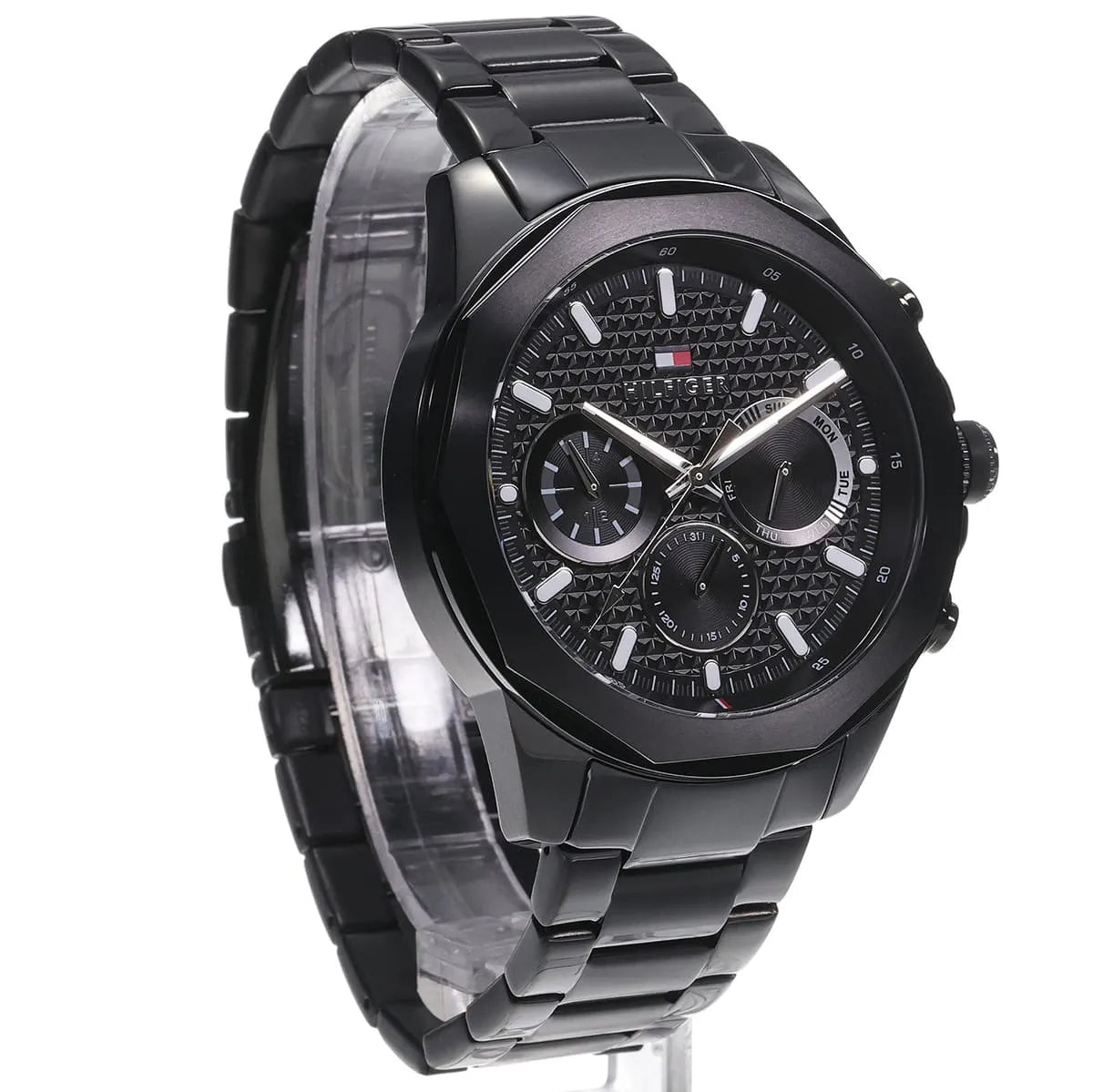 Tommy Hilfiger Lars watch side profile view showing black stainless steel case and bracelet design