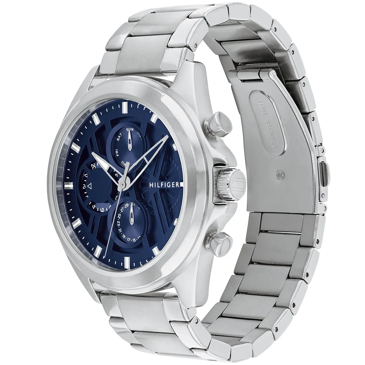 Tommy Hilfiger chronograph watch navy dial, stainless steel case and link bracelet, 45-degree angle view