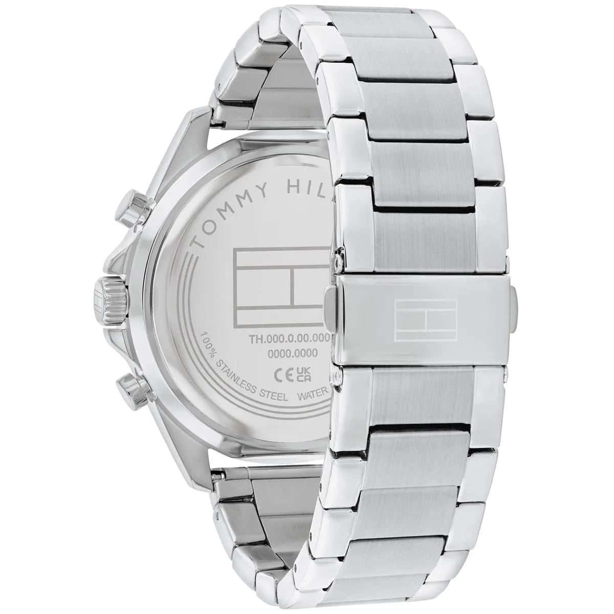 Tommy Hilfiger chronograph watch stainless steel caseback and bracelet detail