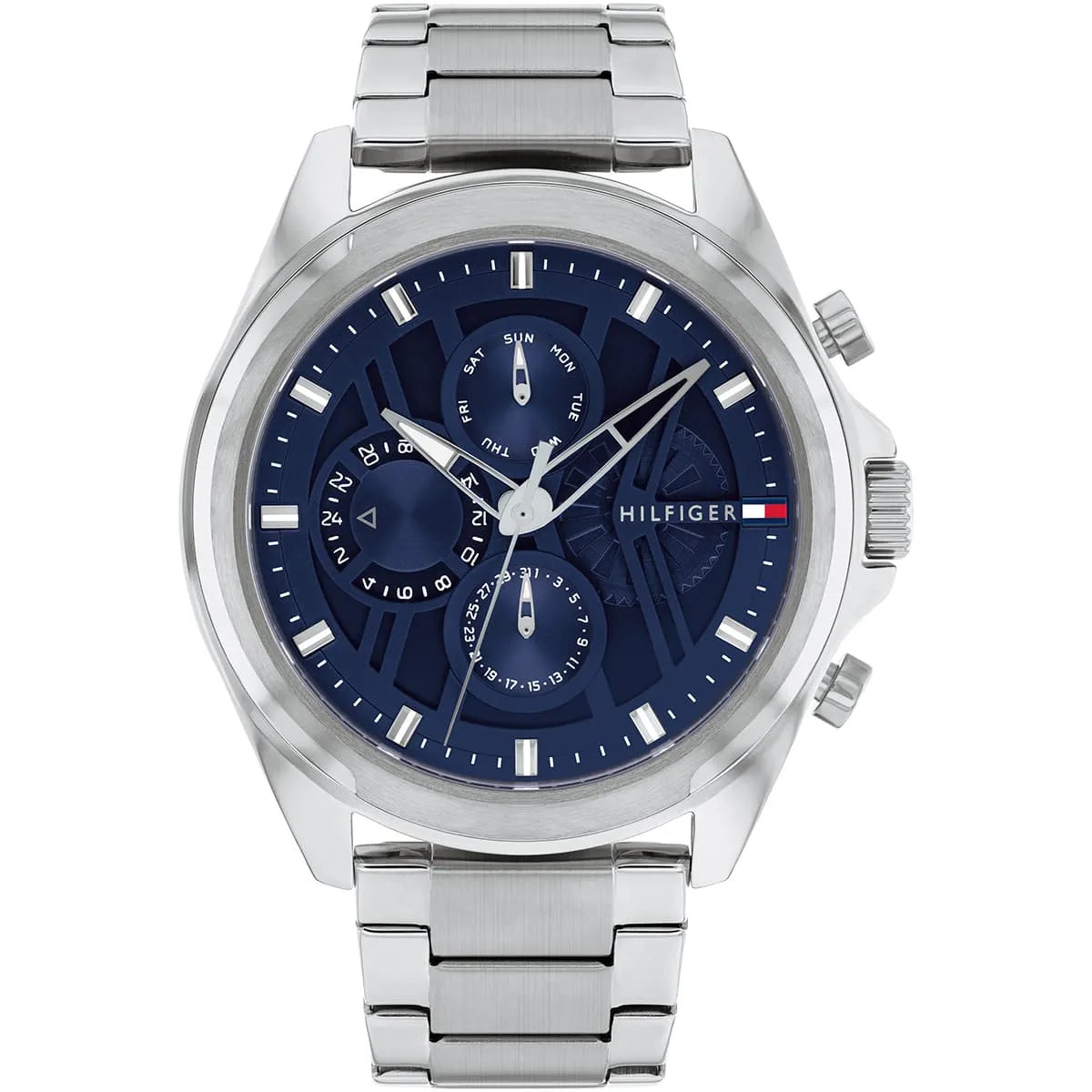Tommy Hilfiger chronograph watch with navy blue dial and stainless steel bracelet, front view