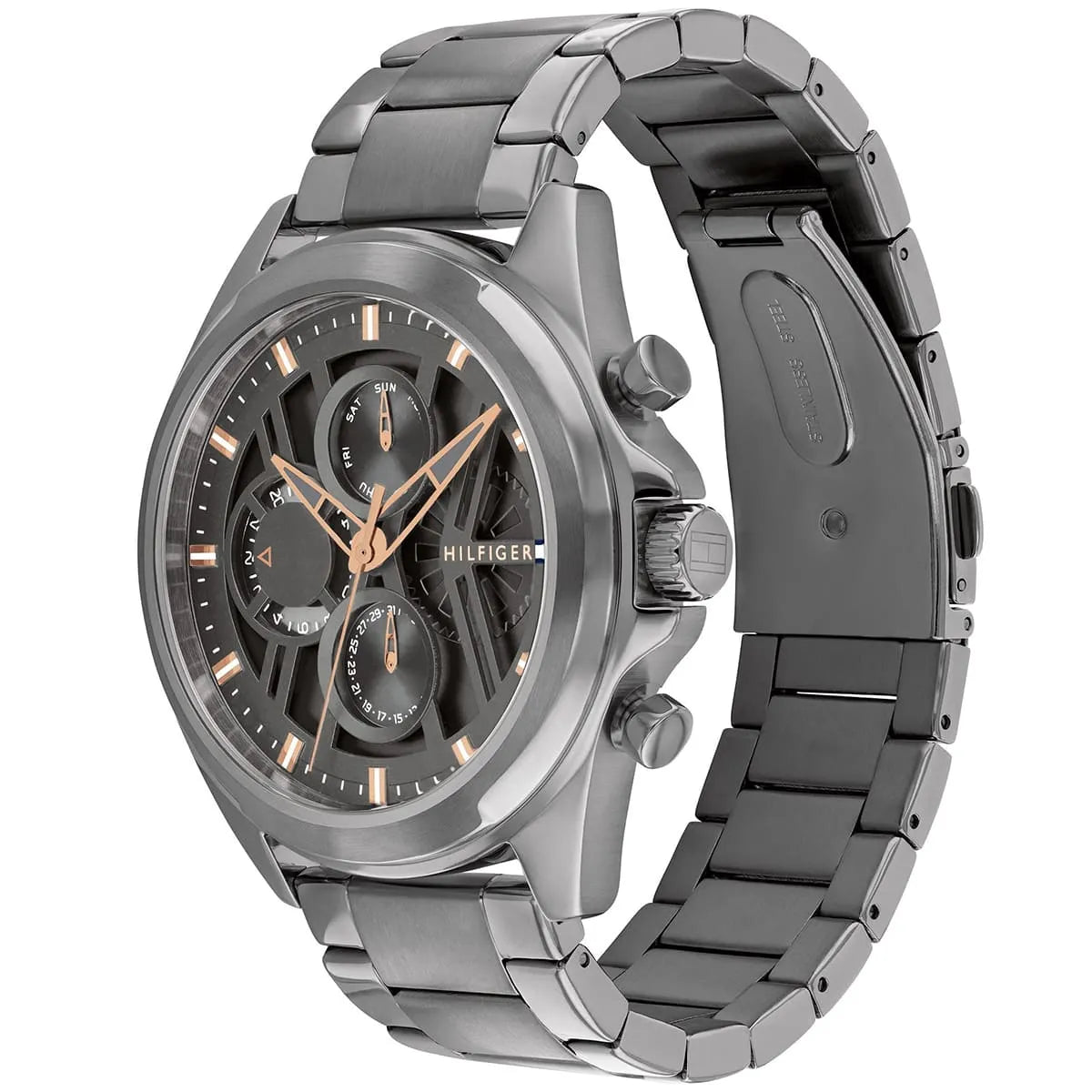 Tommy Hilfiger gray chronograph watch shown at side angle with stainless steel link bracelet