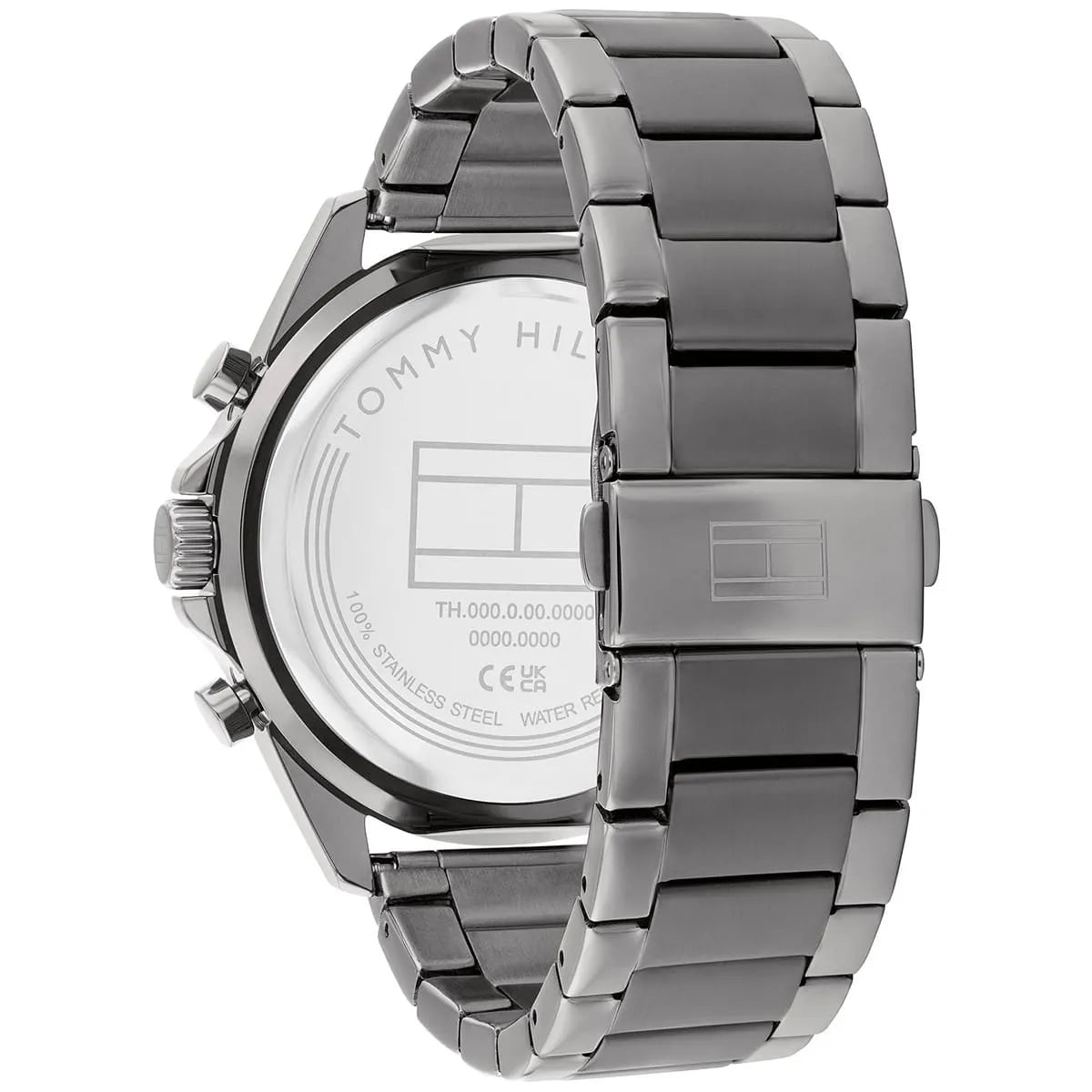 Tommy Hilfiger watch caseback showing stainless steel with engraved branding and specifications