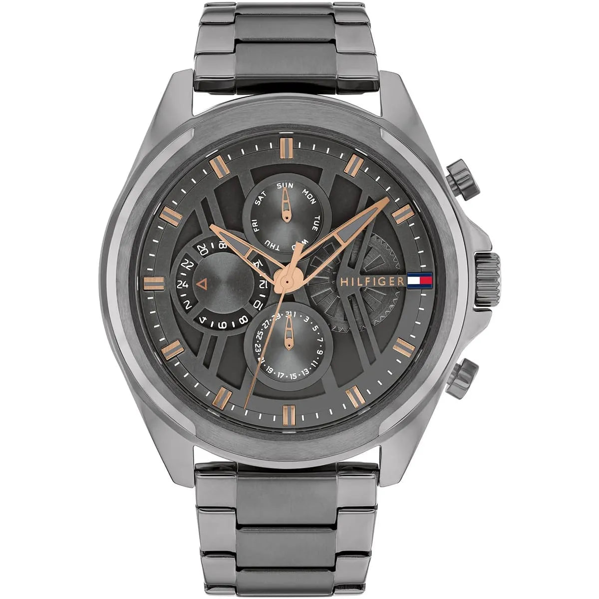 Tommy Hilfiger gray chronograph watch with multi-subdial gray dial, stainless steel case and bracelet