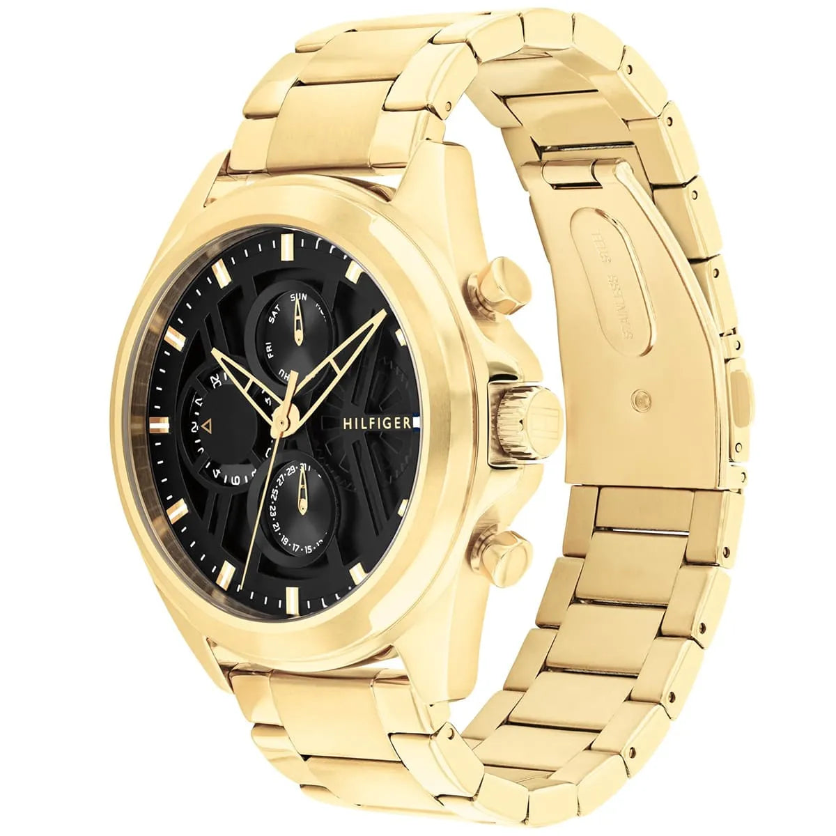 Side angle view of Tommy Hilfiger JAX watch showing gold stainless steel case and bracelet