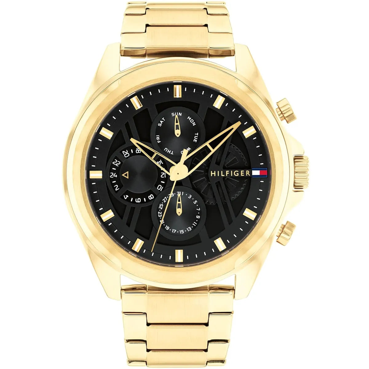 Tommy Hilfiger JAX gold chronograph watch with black dial and gold metal bracelet