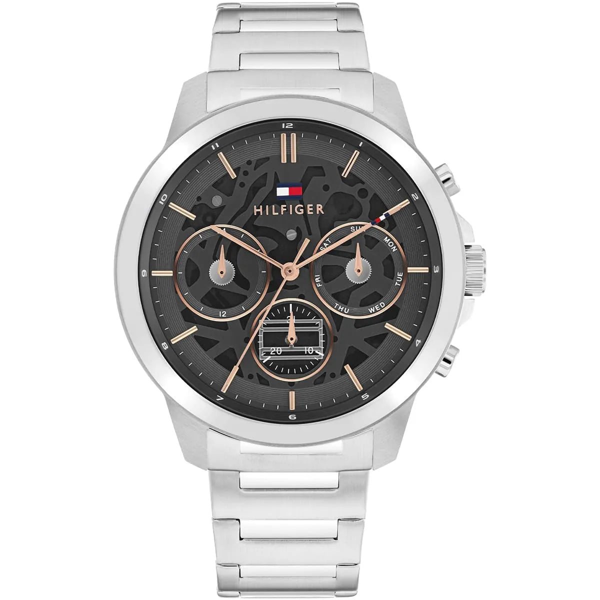 Tommy Hilfiger Henry men's watch with black dial, rose gold chronograph subdials, and silver stainless steel strap