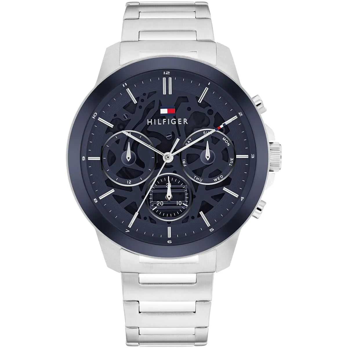 Tommy Hilfiger Henry multi-function men's watch with navy dial, stainless steel case, and silver metal strap