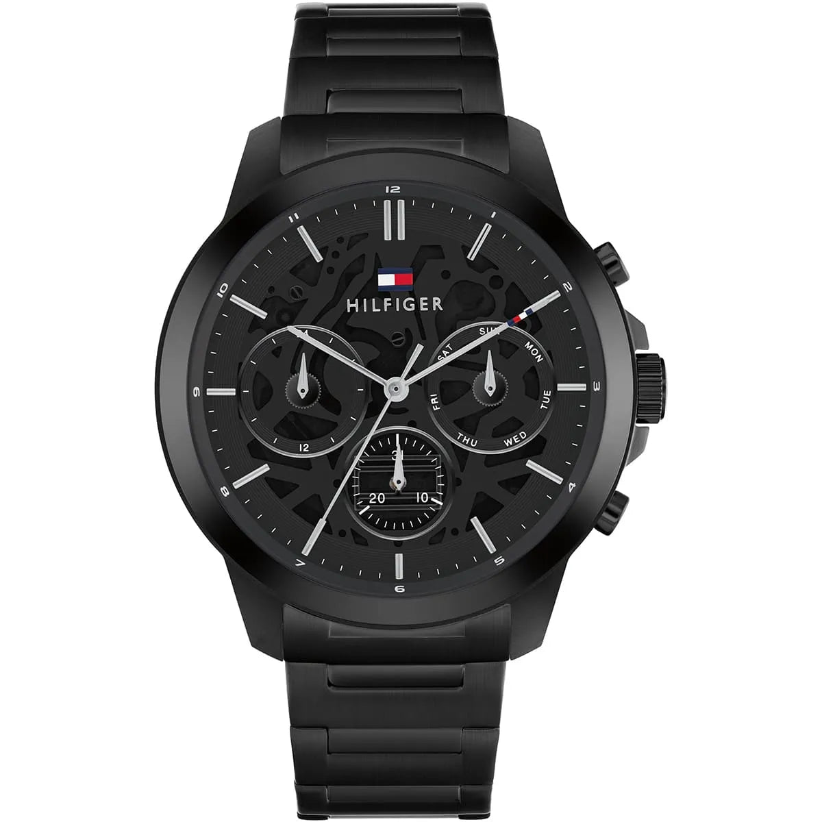 Tommy Hilfiger black chronograph watch with ionic plated steel case and bracelet