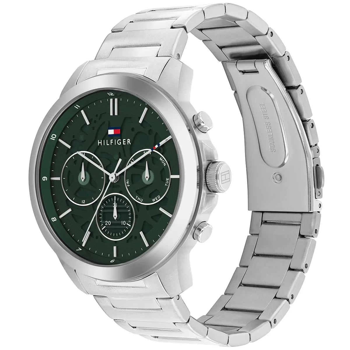 Tommy Hilfiger watch side profile showing stainless steel bracelet and green chronograph dial