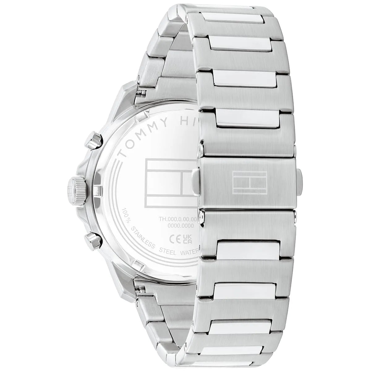 Tommy Hilfiger watch caseback displaying stainless steel bracelet construction and engraved branding