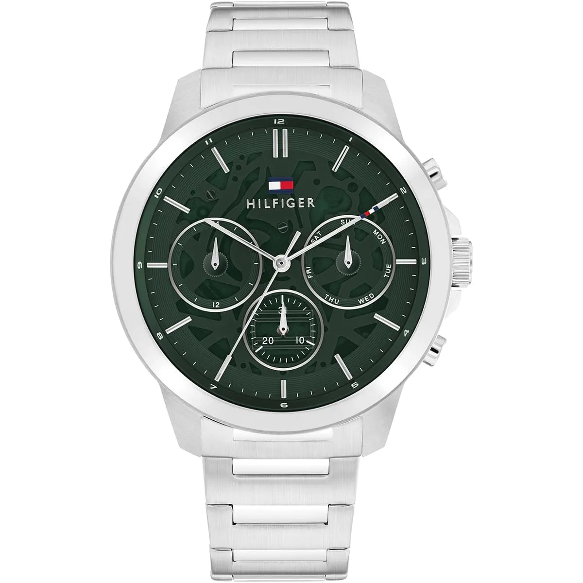 Tommy Hilfiger men's watch with green dial, stainless steel case and bracelet, chronograph subdials
