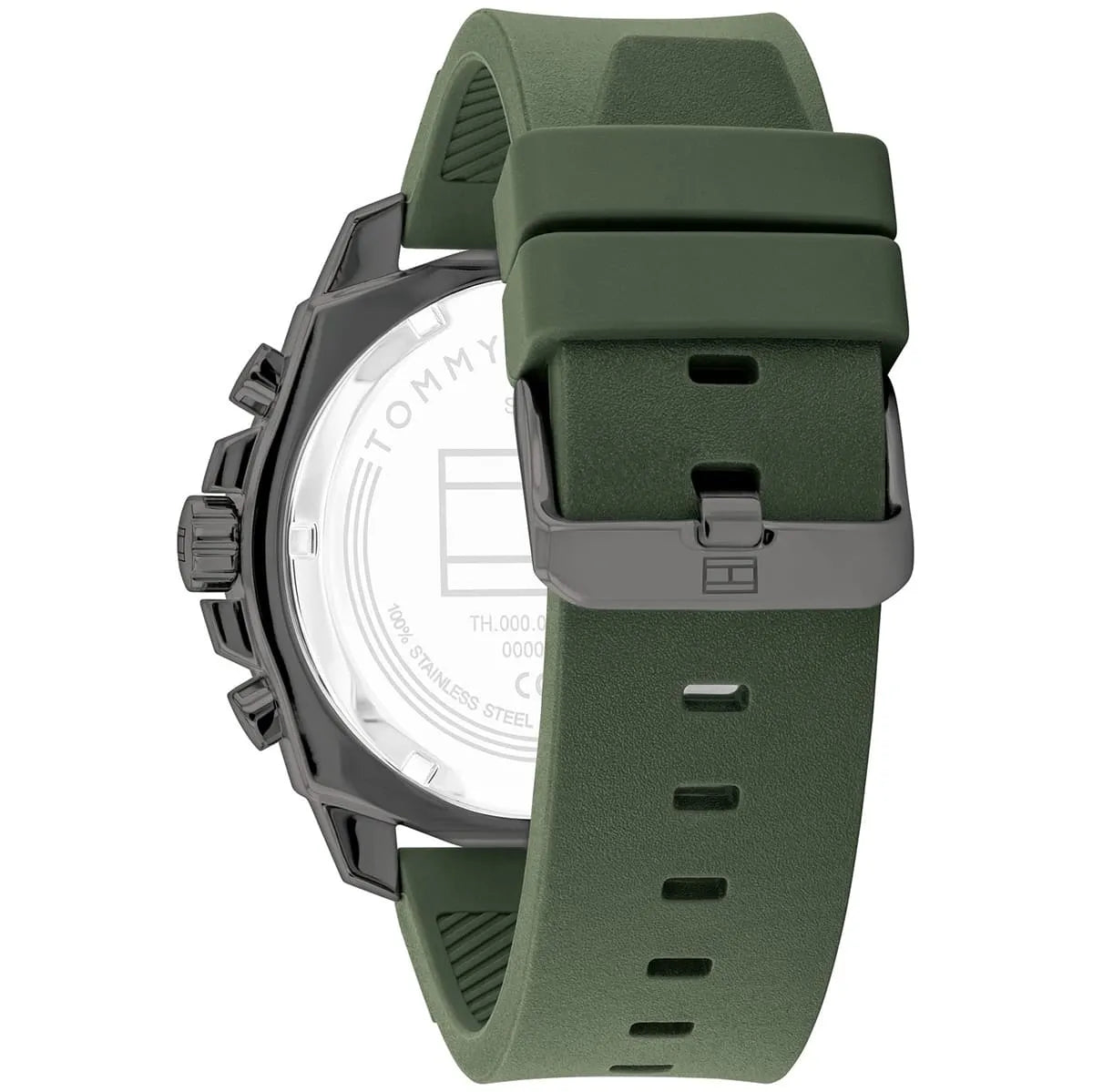 Tommy Hilfiger Morgan watch caseback with green silicon strap and black case visible