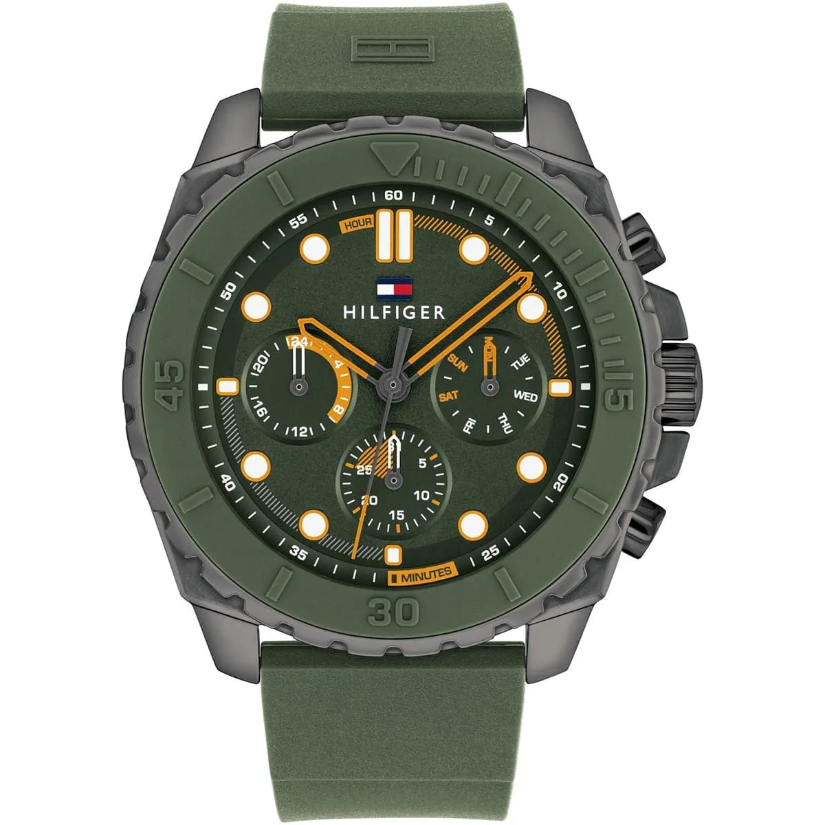 Tommy Hilfiger Morgan green dial chronograph watch with orange accents and green silicon strap