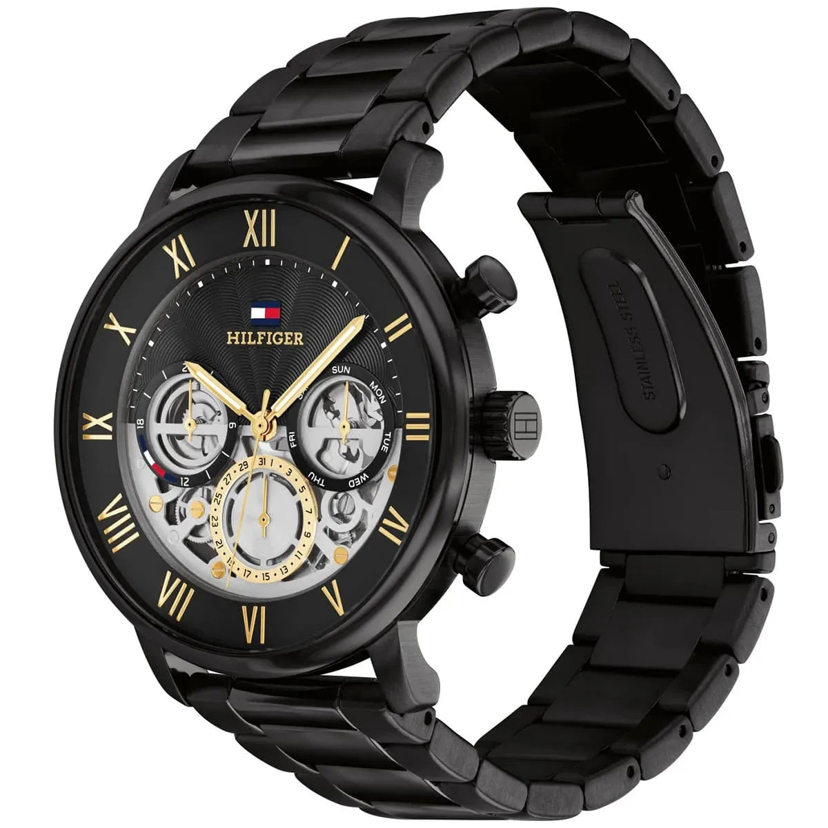 Tommy Hilfiger watch angle view showing black stainless steel strap and case