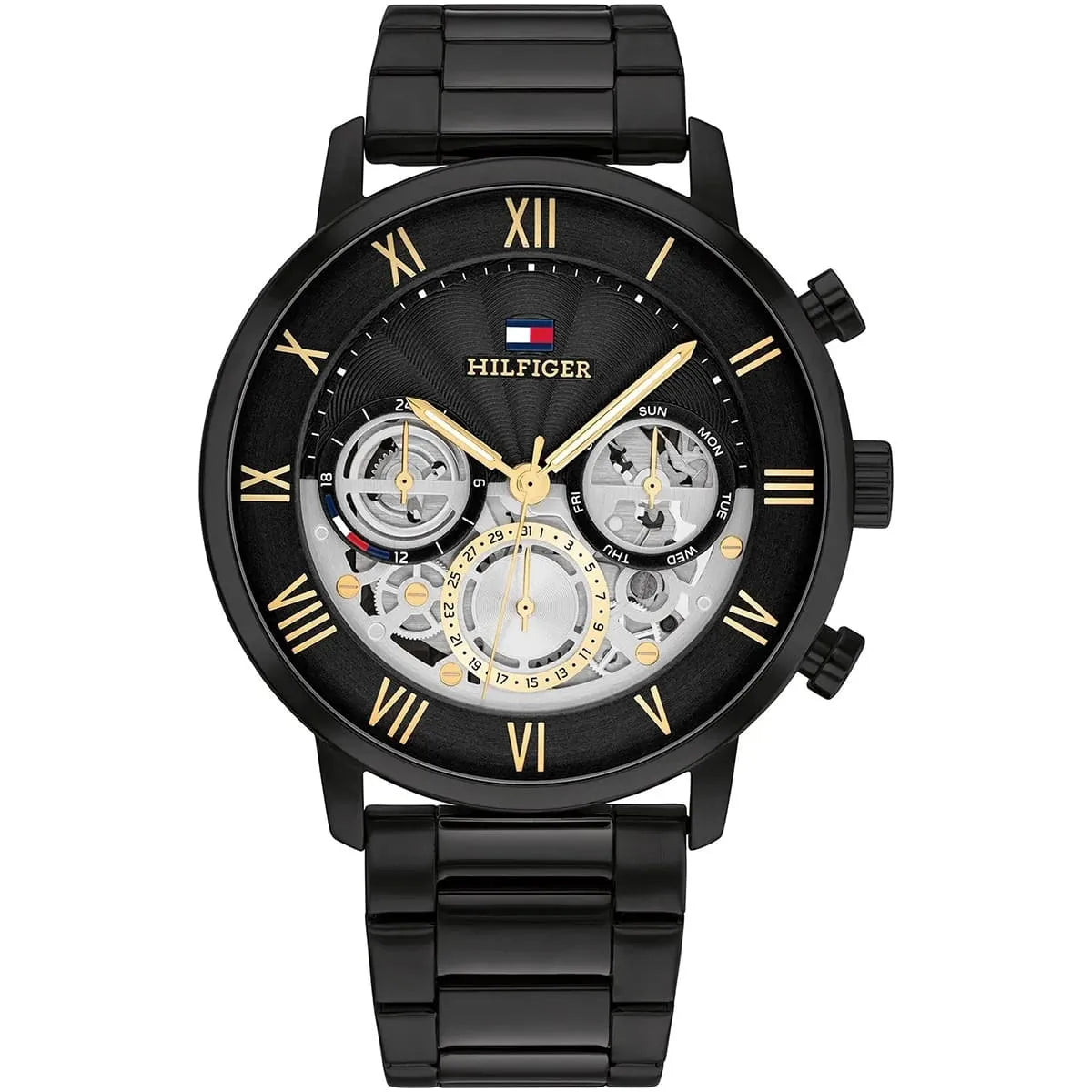Tommy Hilfiger black steel multifunction watch with skeleton dial and Roman numerals