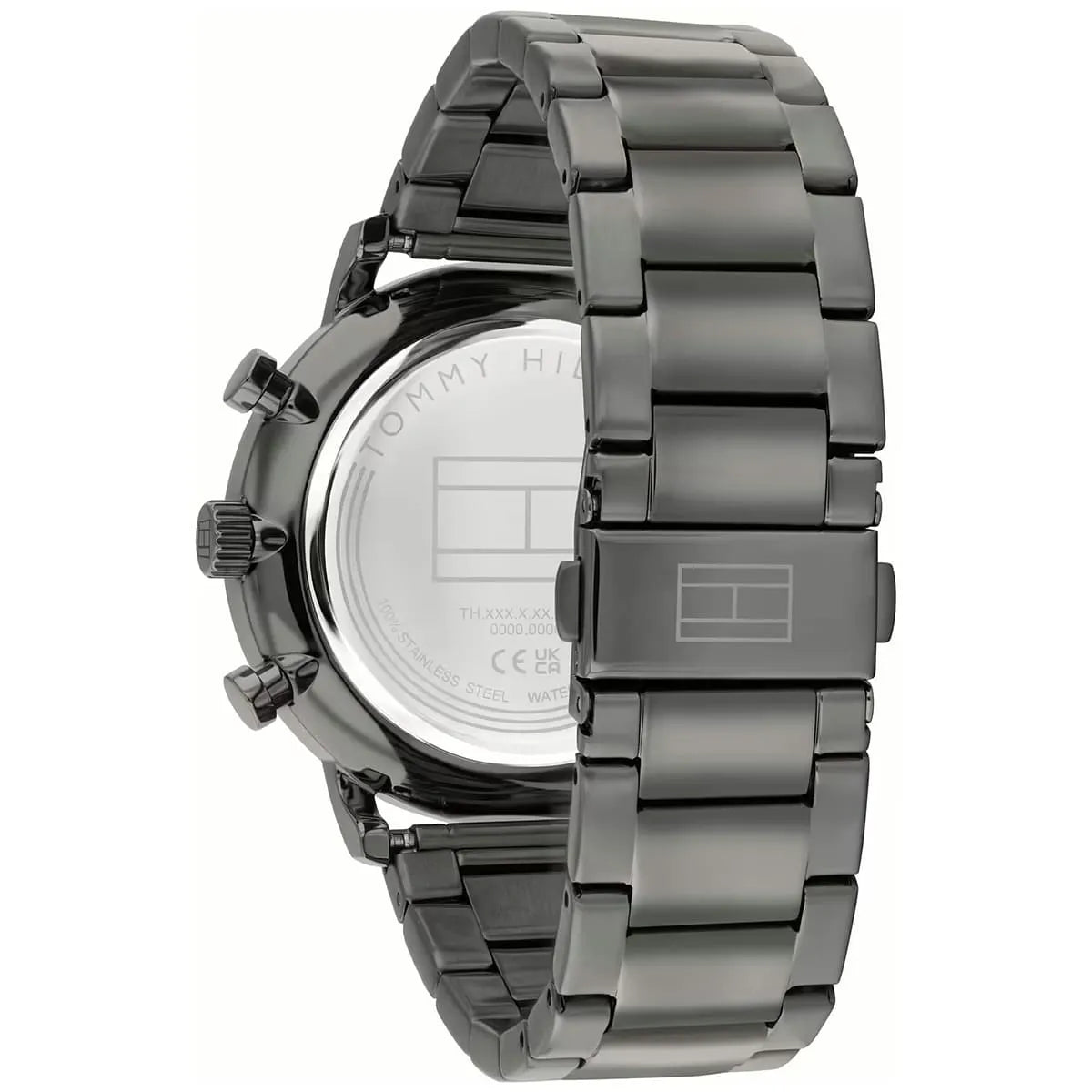 Tommy Hilfiger Legend watch caseback showing stainless steel case back and bracelet detail