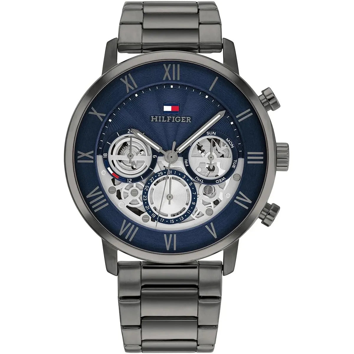 Tommy Hilfiger Legend men's watch with navy dial, three subdials, Roman numerals, and gray metal bracelet