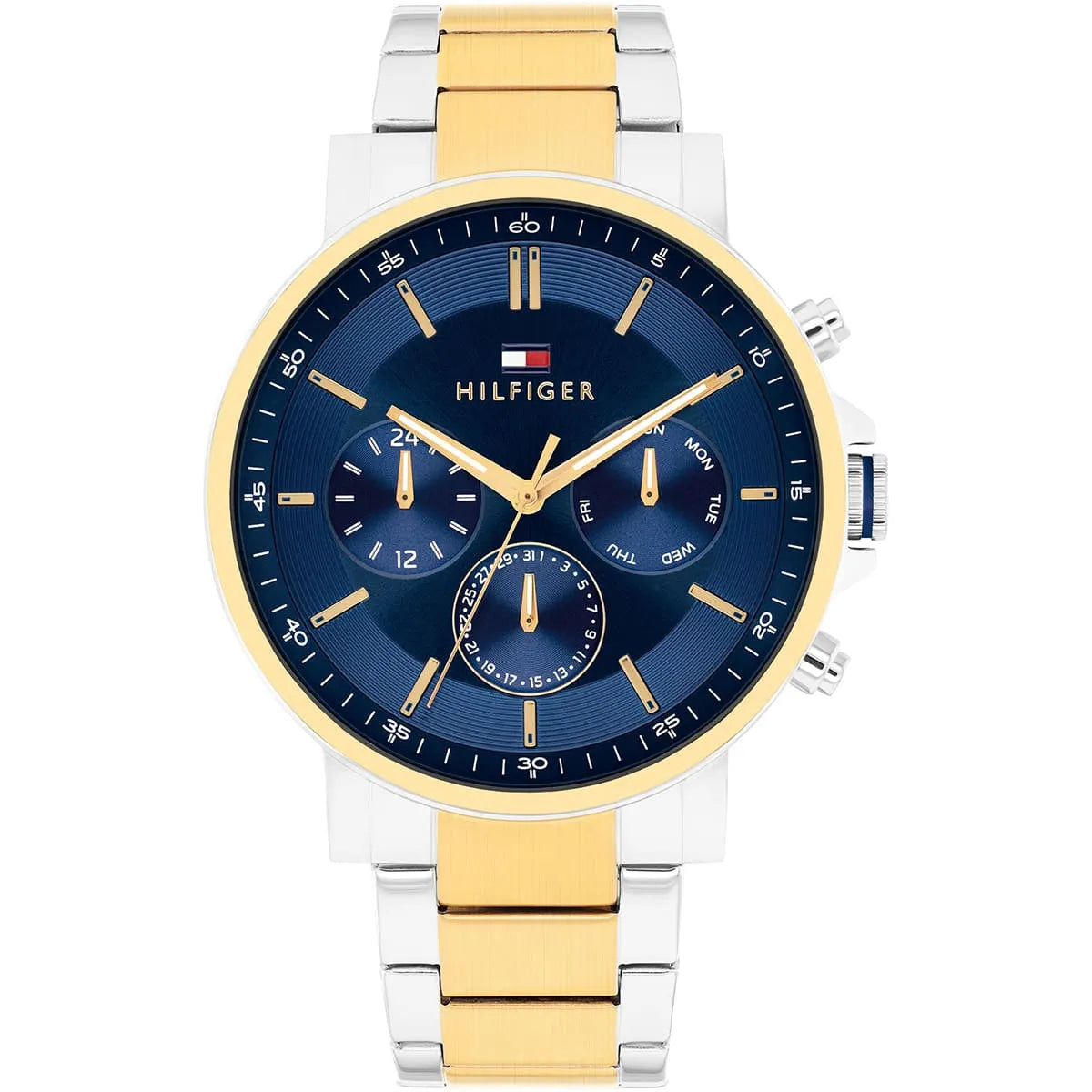Tommy Hilfiger two-tone gold and silver chronograph watch with blue dial