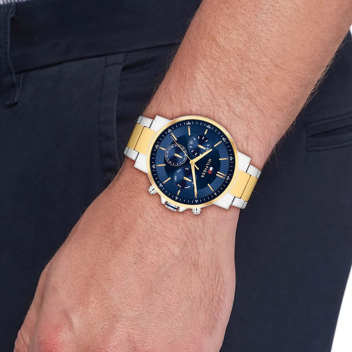 Tommy Hilfiger two-tone chronograph watch worn on wrist