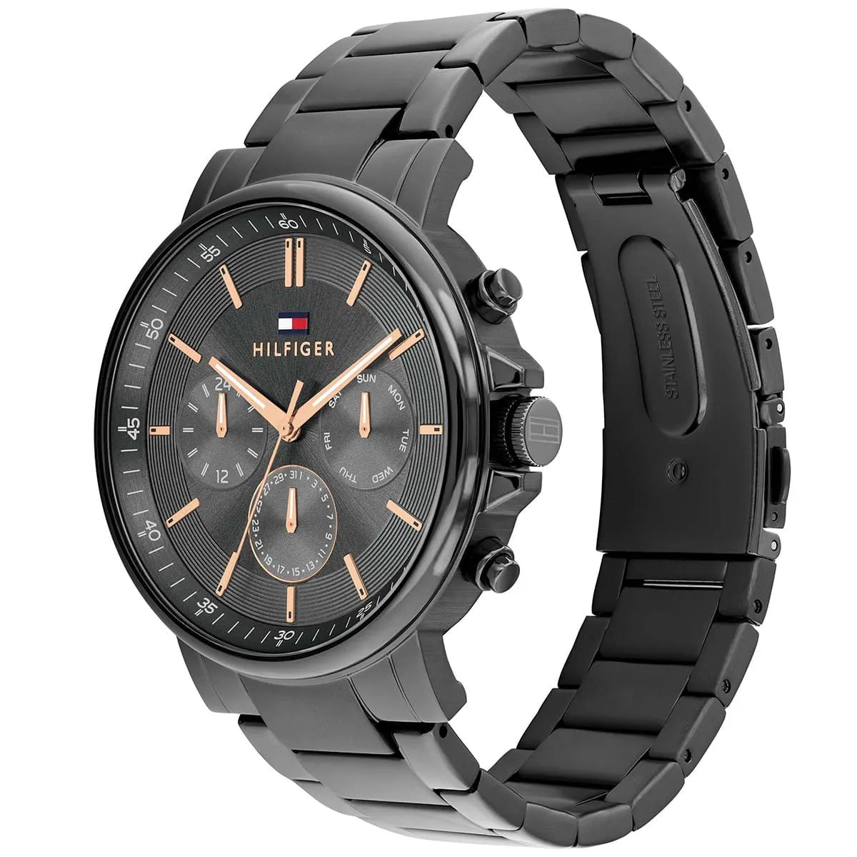Tommy Hilfiger watch displayed at angle showing chronograph subdials and stainless steel band