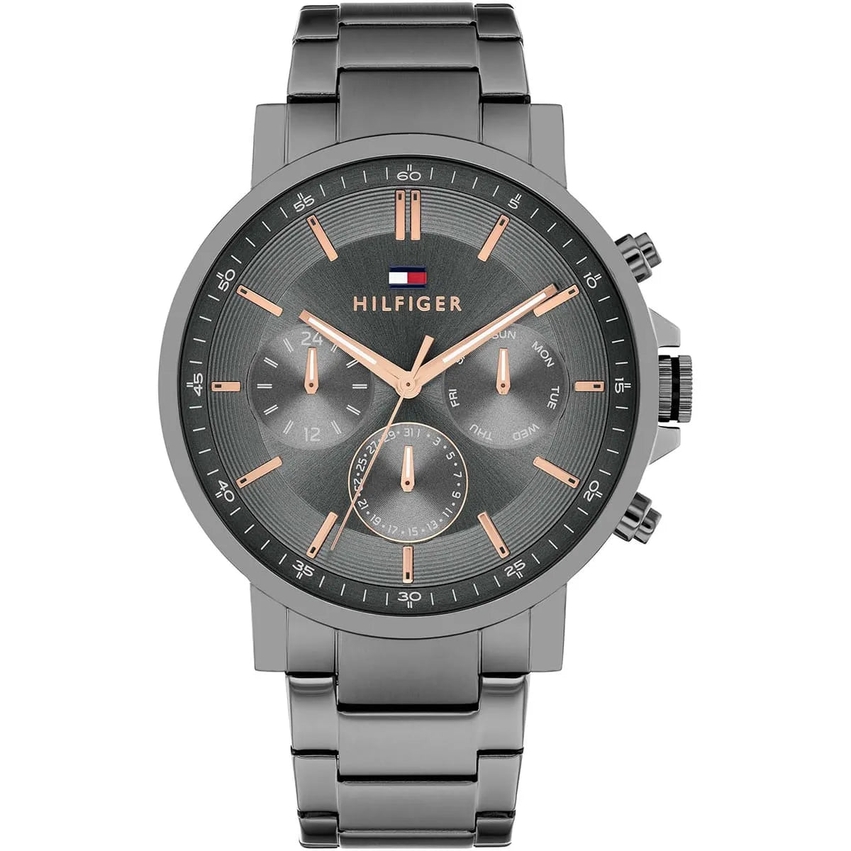 Tommy Hilfiger men's chronograph watch with gray dial, rose gold indices and hands, stainless steel strap