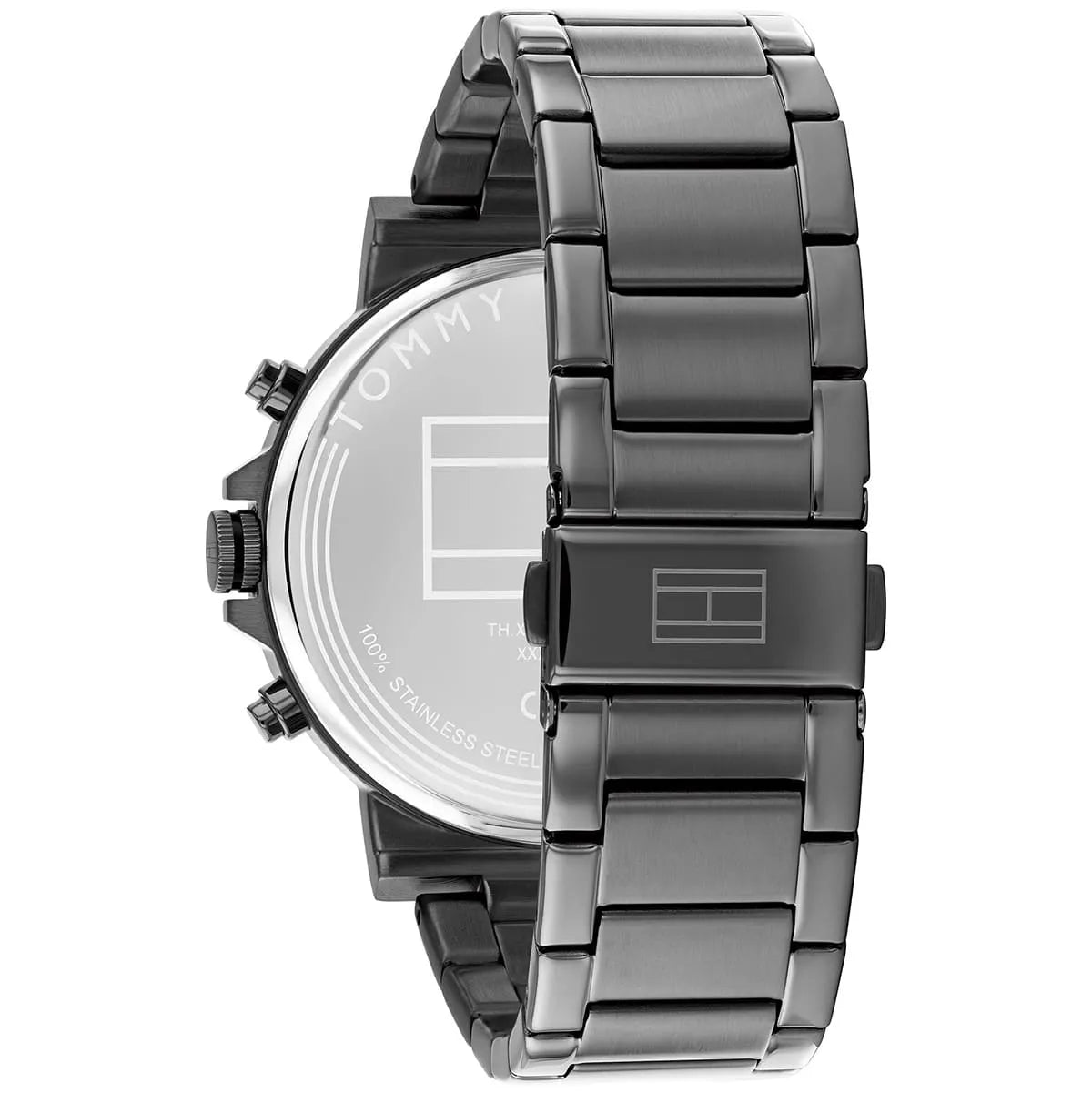 Side view of Tommy Hilfiger watch strap and case profile with chronograph pushers