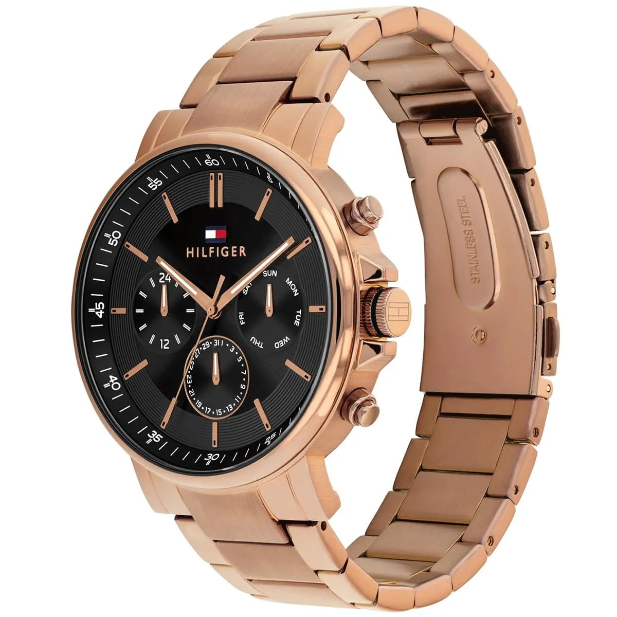 Side angle view of Tommy Hilfiger watch showing rose gold stainless steel bracelet and black dial