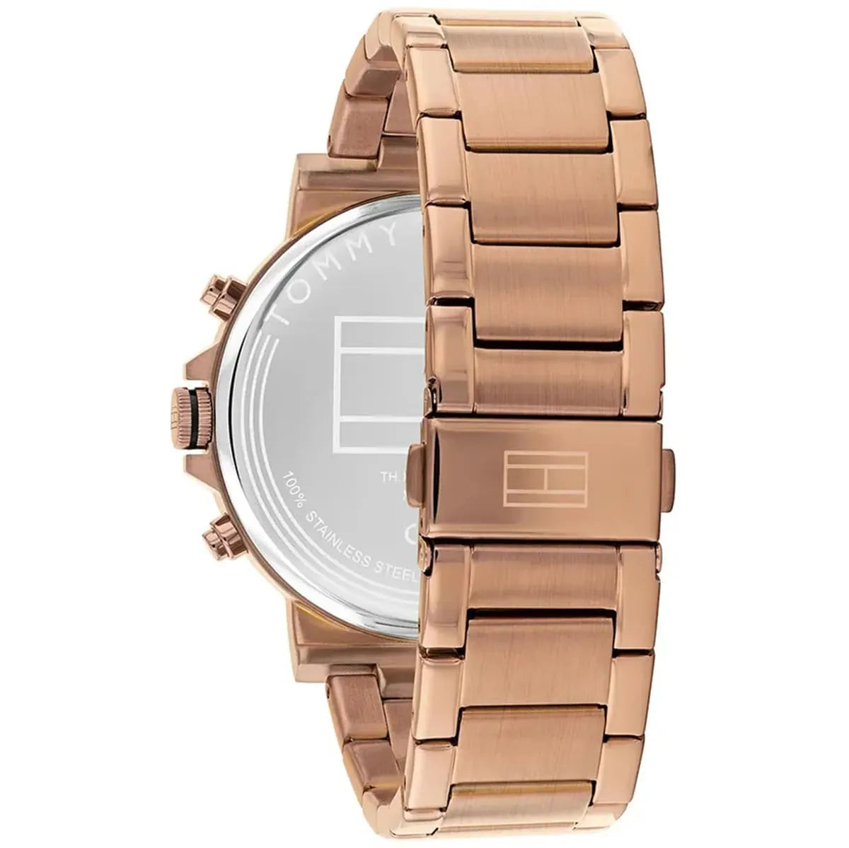 Side profile of Tommy Hilfiger Tyson watch with rose gold metal bracelet