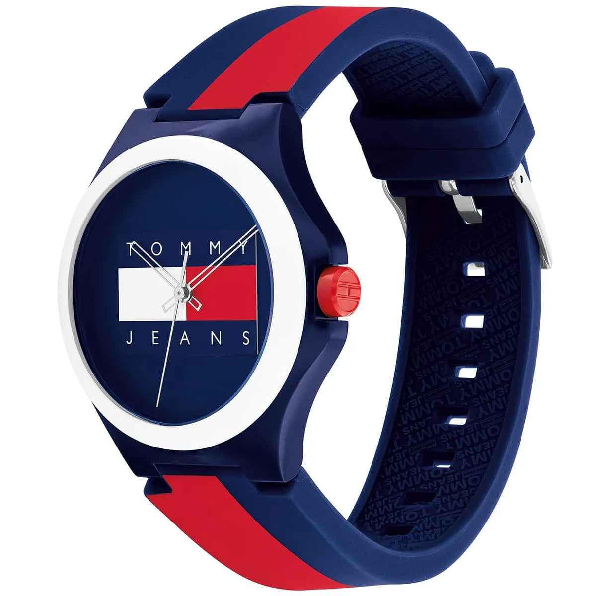Three-quarter view of Tommy Hilfiger watch showing strap detail and red crown