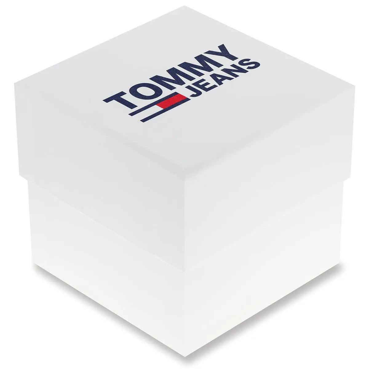 Tommy Jeans branded white watch box with navy and red logo