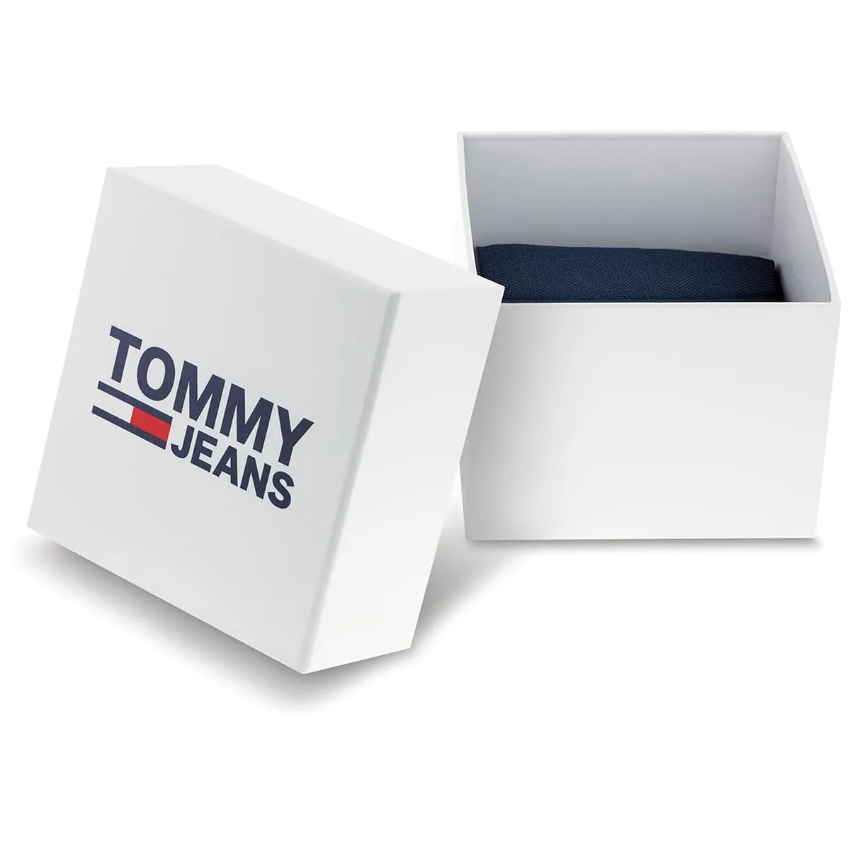 Tommy Jeans white branded watch box with open lid showing navy fabric insert