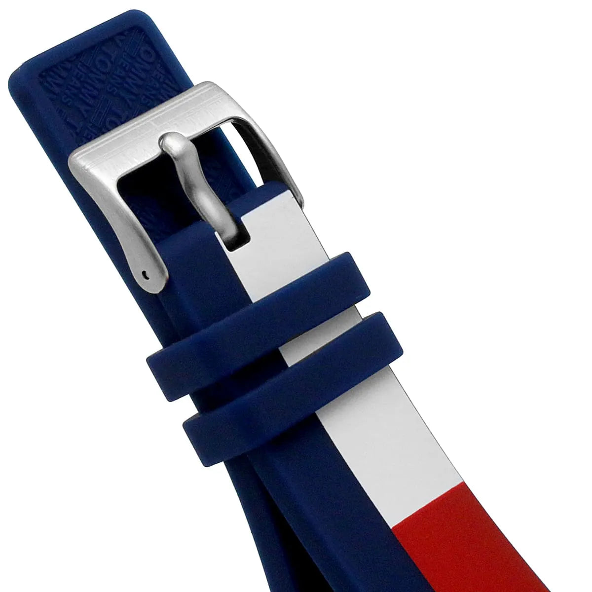 Silicone strap buckle mechanism and striping on Tommy Hilfiger watch band