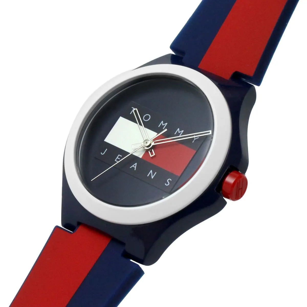Close-up of Tommy Hilfiger navy dial with logo flag and three-hand display
